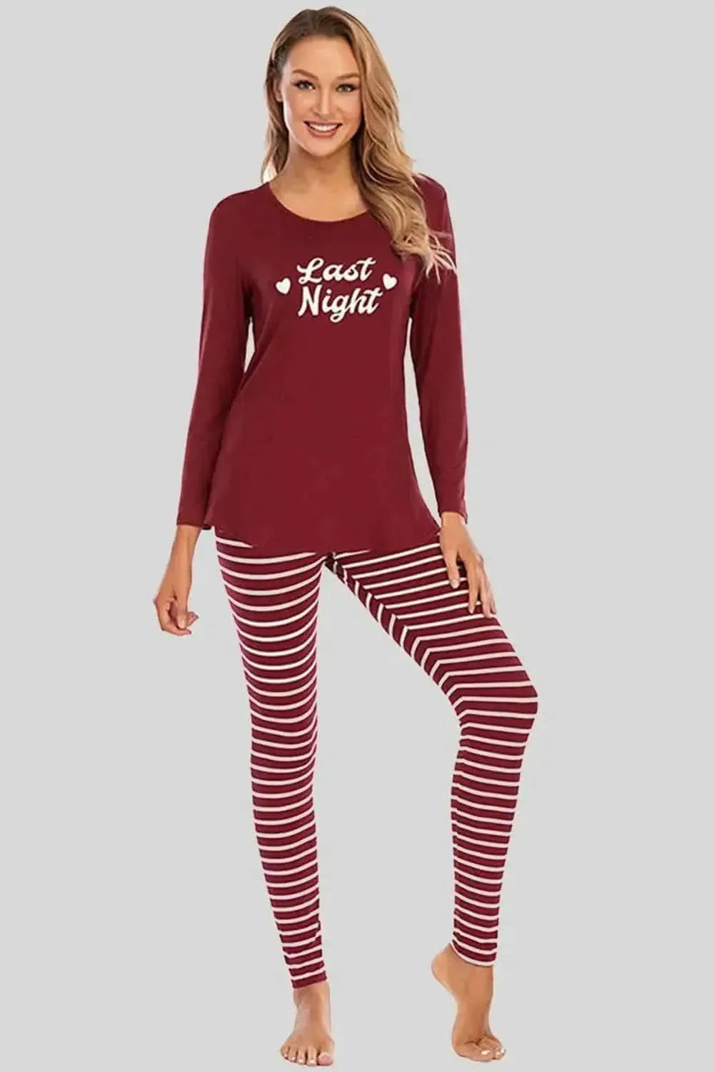 Graphic Round Neck Top and Striped Pants Set - Bad Moms Club