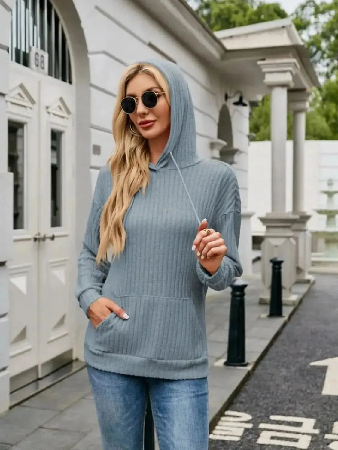 Ribbed Drawstring Long Sleeve Hoodie - Bad Moms Club