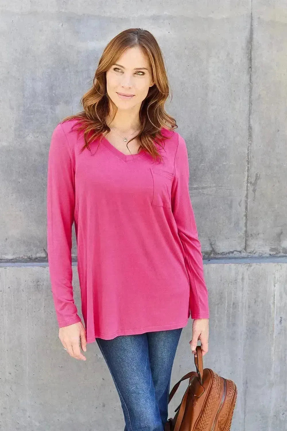 Basic Bae Full Size V-Neck Long Sleeve Top - Bad Moms Club