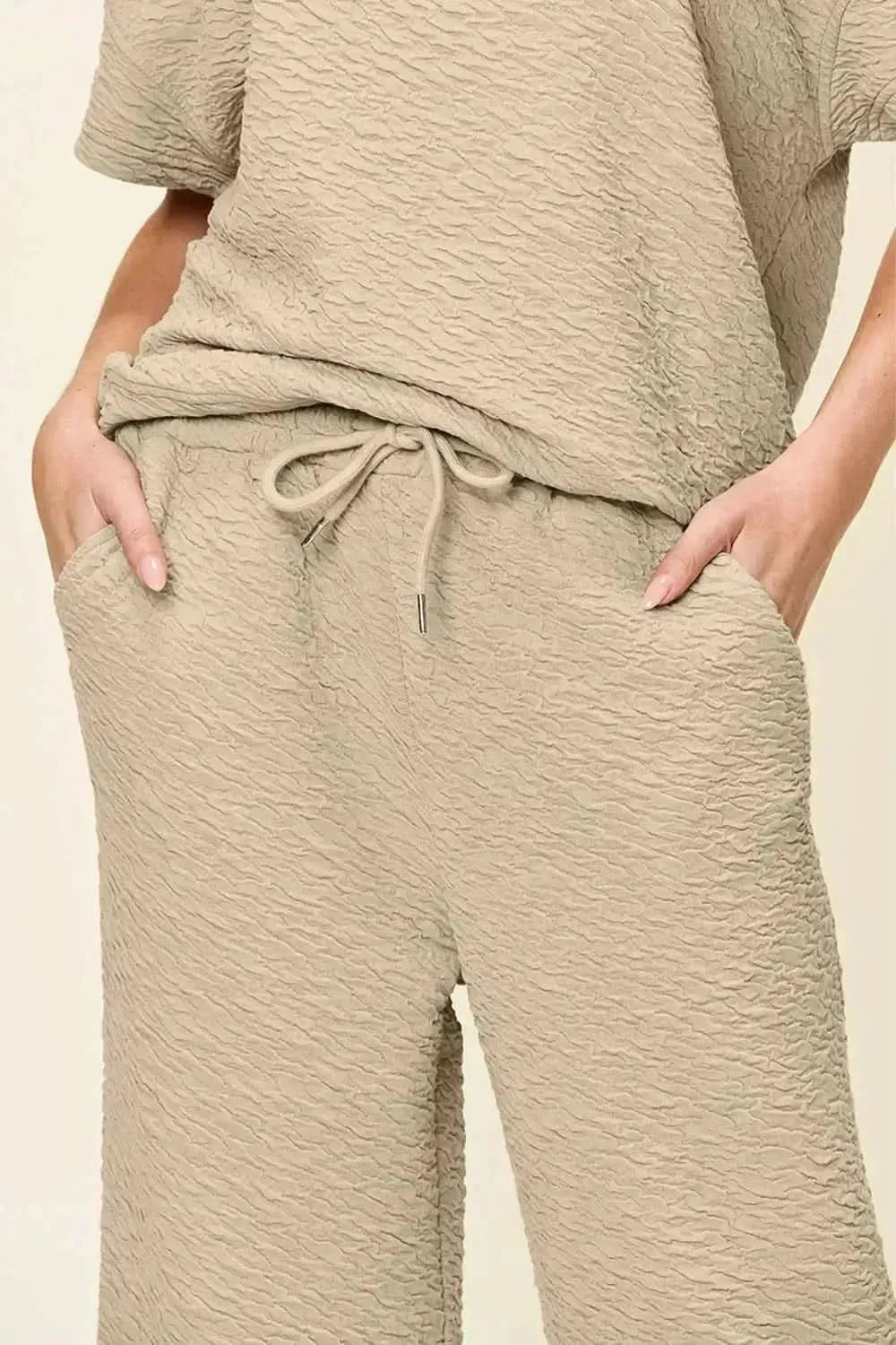 Double Take Full Size Texture Short Sleeve Top and Pants Set - Bad Moms Club