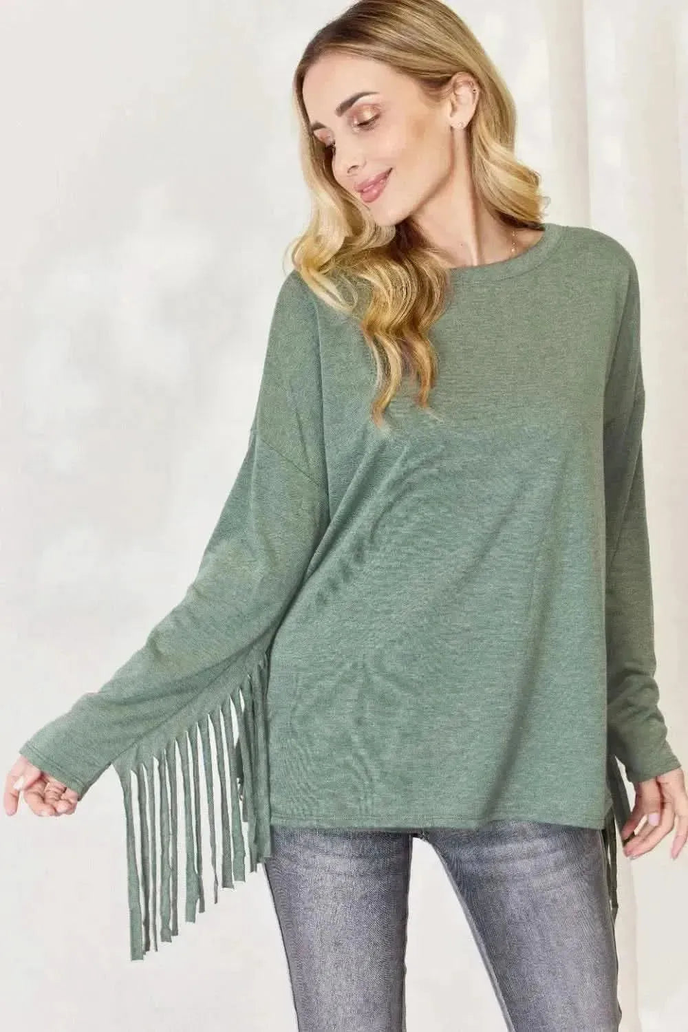 Celeste Full Size Fringe Detail Long Sleeve Top - Bad Moms Club
