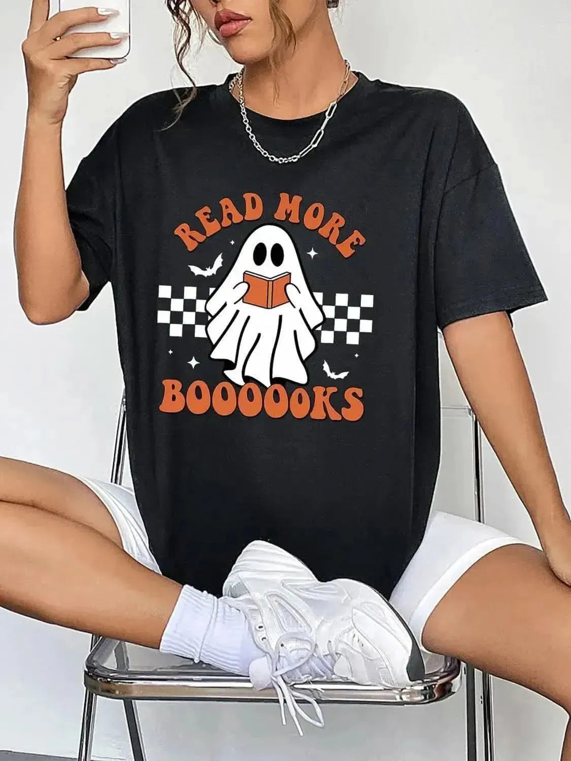 Round Neck Short Sleeve Ghost Graphic T-Shirt - Bad Moms Club