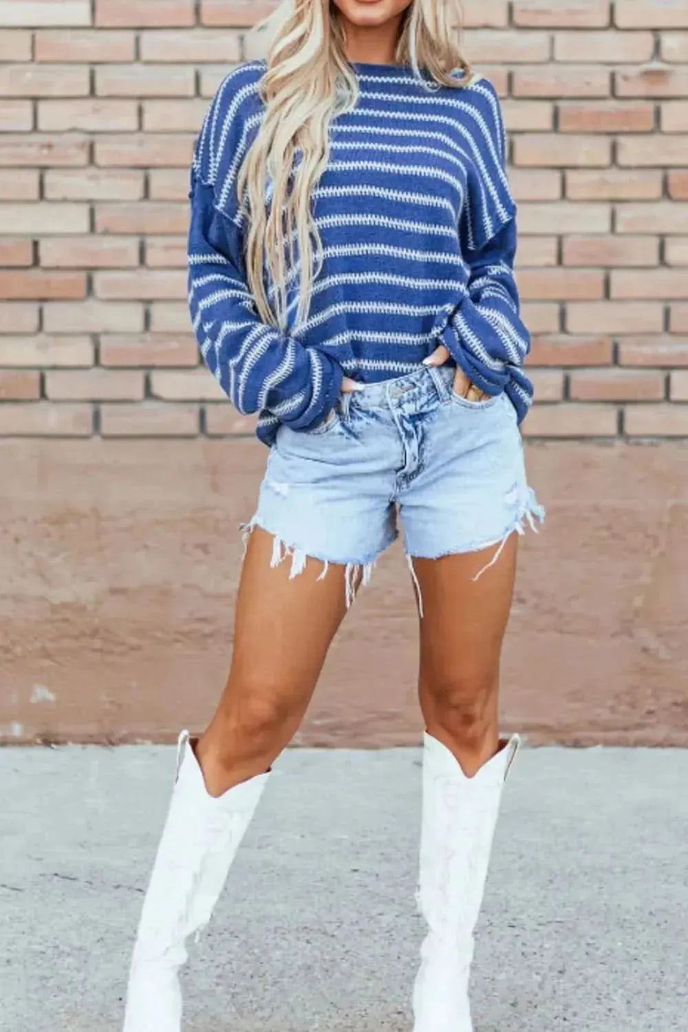 Striped Round Neck Dropped Shoulder Sweater - Bad Moms Club