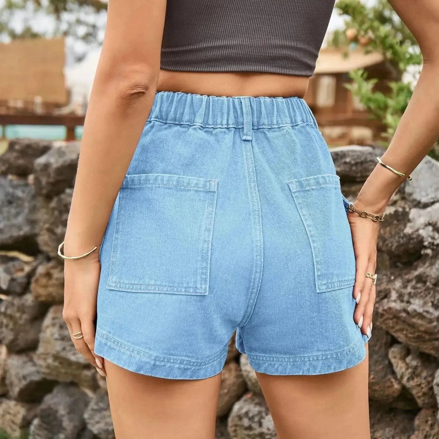 High-Waist Denim Shorts with Pockets - Bad Moms Club