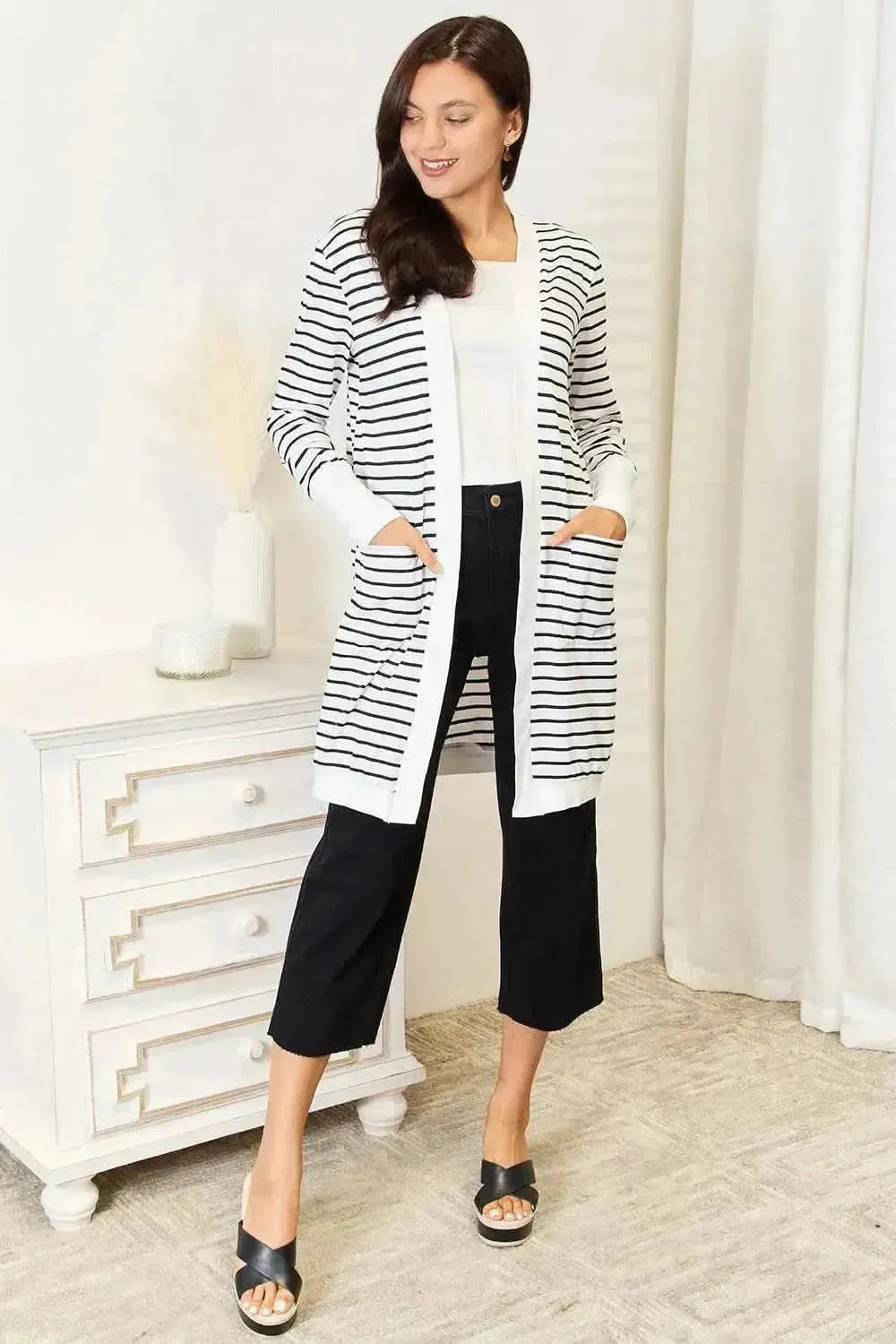 Double Take Striped Open Front Longline Cardigan - Bad Moms Club
