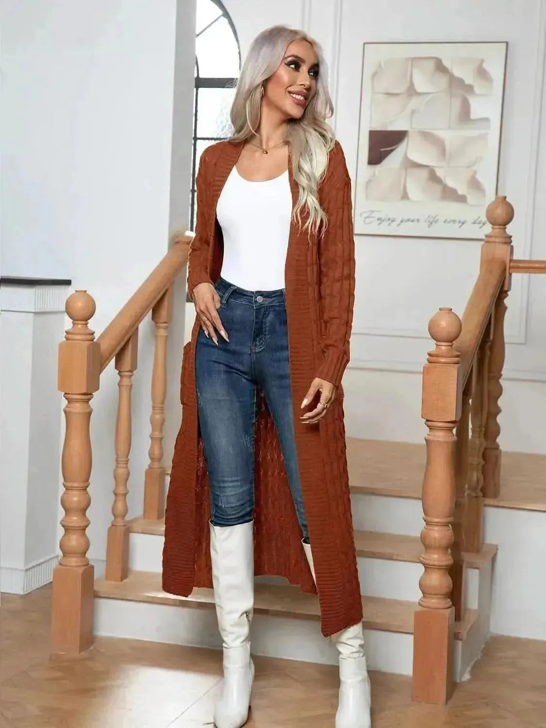 Cable-Knit Open Front Cardigan with Pockets - Bad Moms Club
