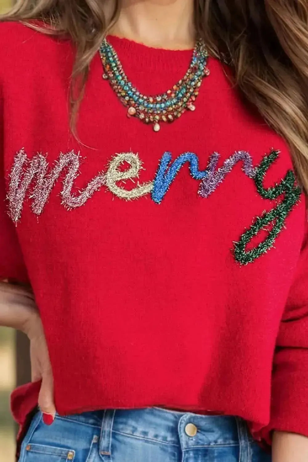 MERRY Round Neck Long Sleeve Sweater - Bad Moms Club