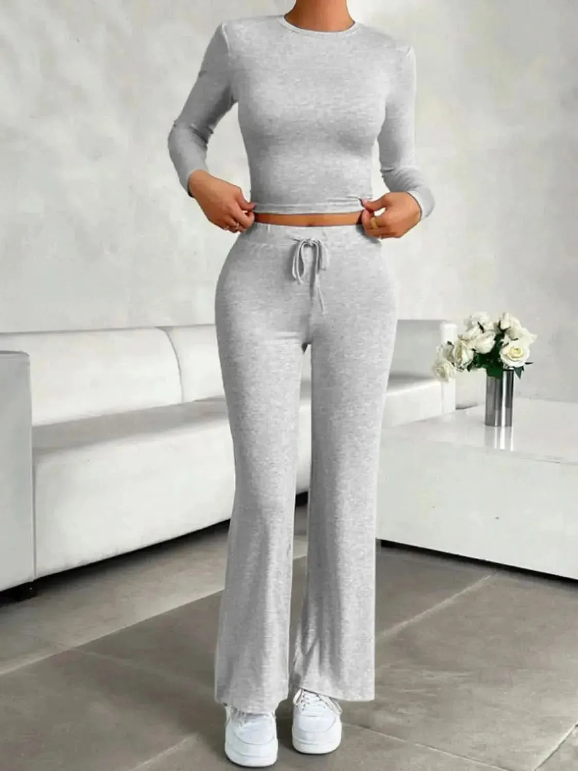 Round Neck Long Sleeve Top and Drawstring Pants Set - Bad Moms Club