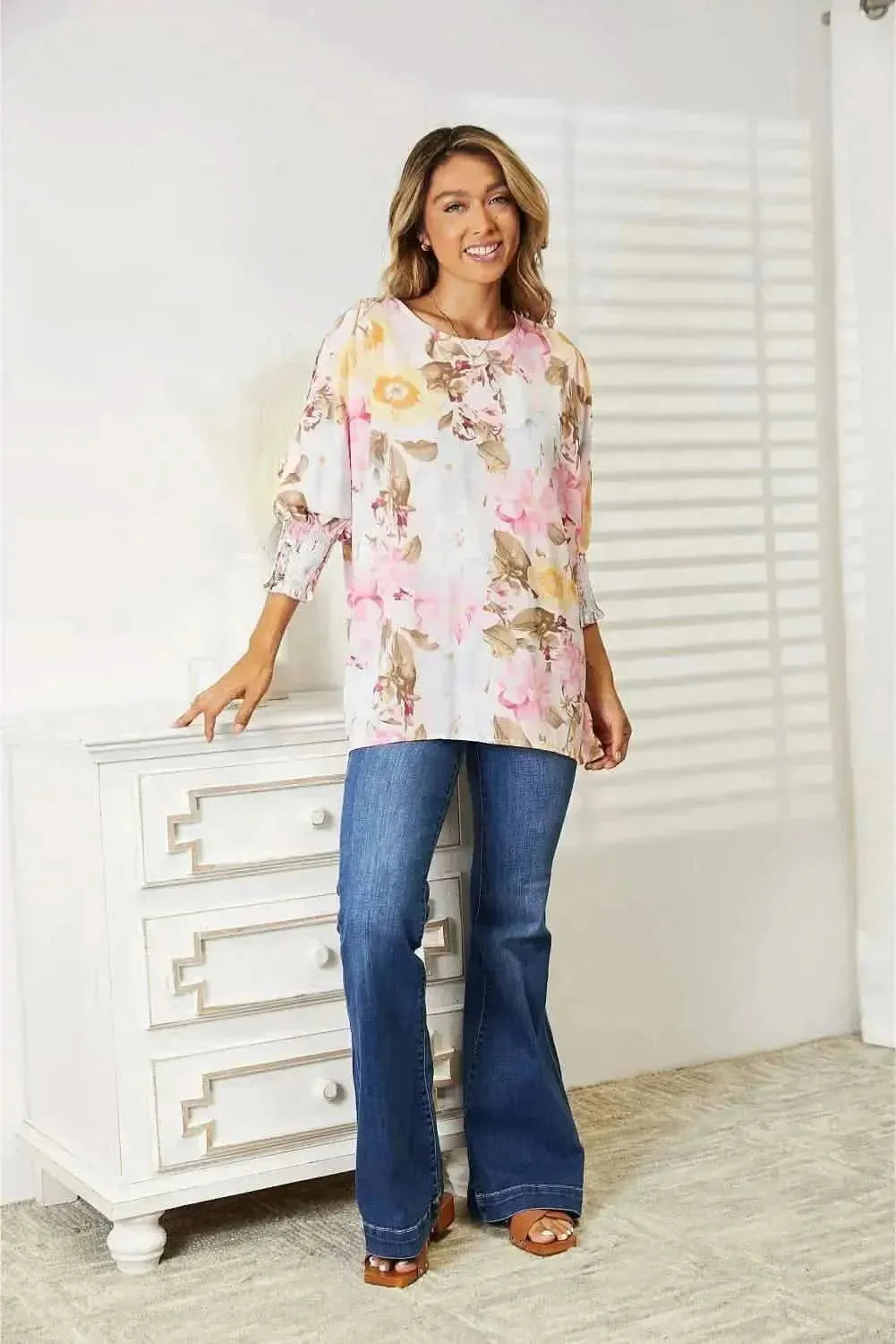 Double Take Floral Round Neck Three-Quarter Sleeve Top - Bad Moms Club