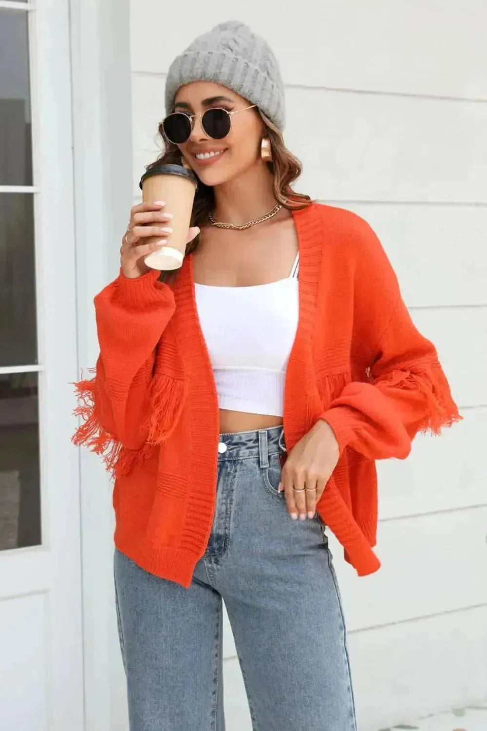 Fringe Trim Open Front Cardigan - Bad Moms Club