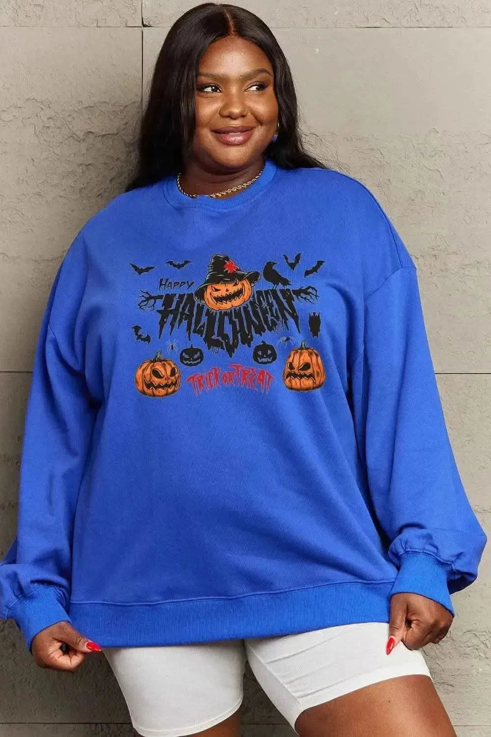 Simply Love Full Size HAPPY HALLOWEEN TRICK OR TREAT Graphic Sweatshirt - Bad Moms Club