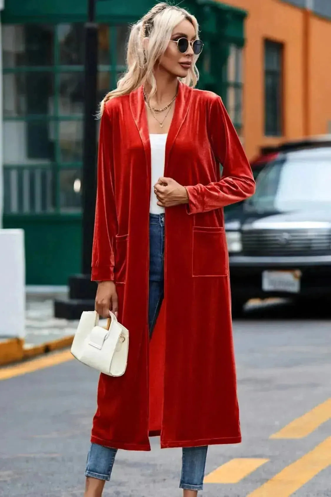 Velvet Open Front Long Cardigan with Pockets - Bad Moms Club