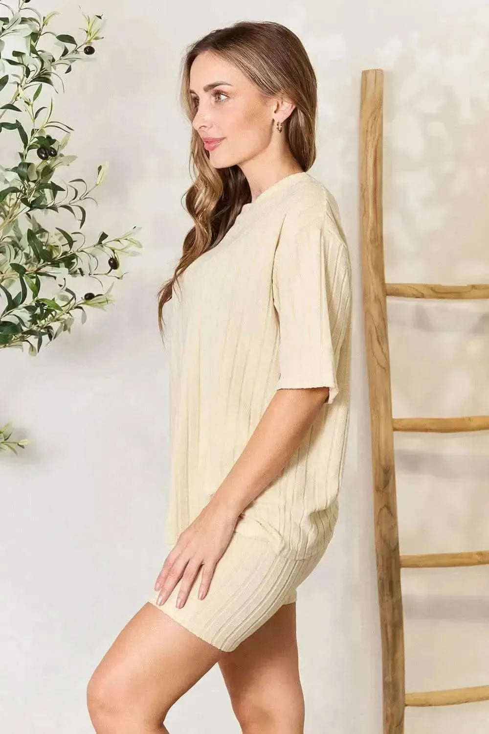 Ribbed Round Neck Top and Shorts Lounge Set - Bad Moms Club