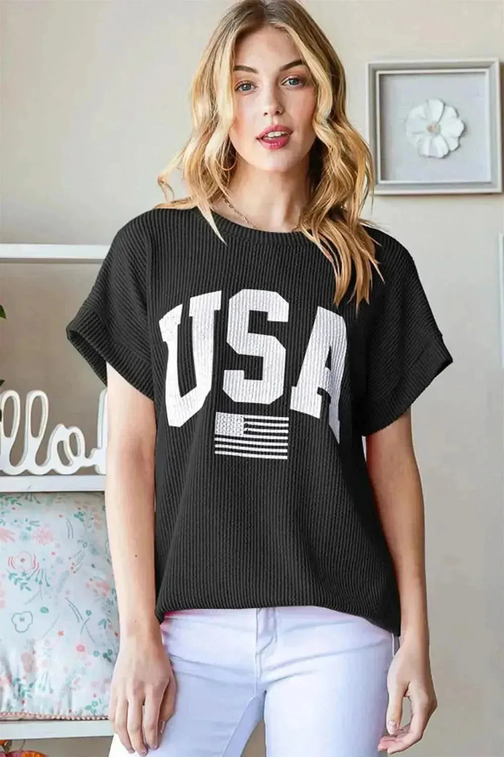 Heimish Full Size USA Graphic Short Sleeve Ribbed Top - Bad Moms Club