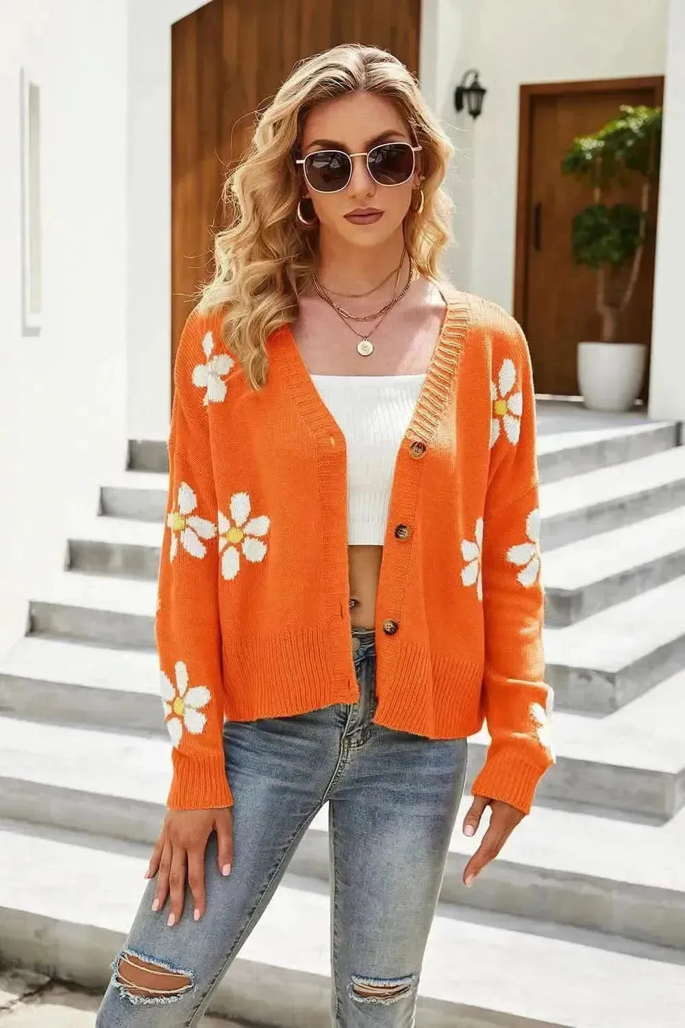Flower Pattern Button Front Cardigan - Bad Moms Club