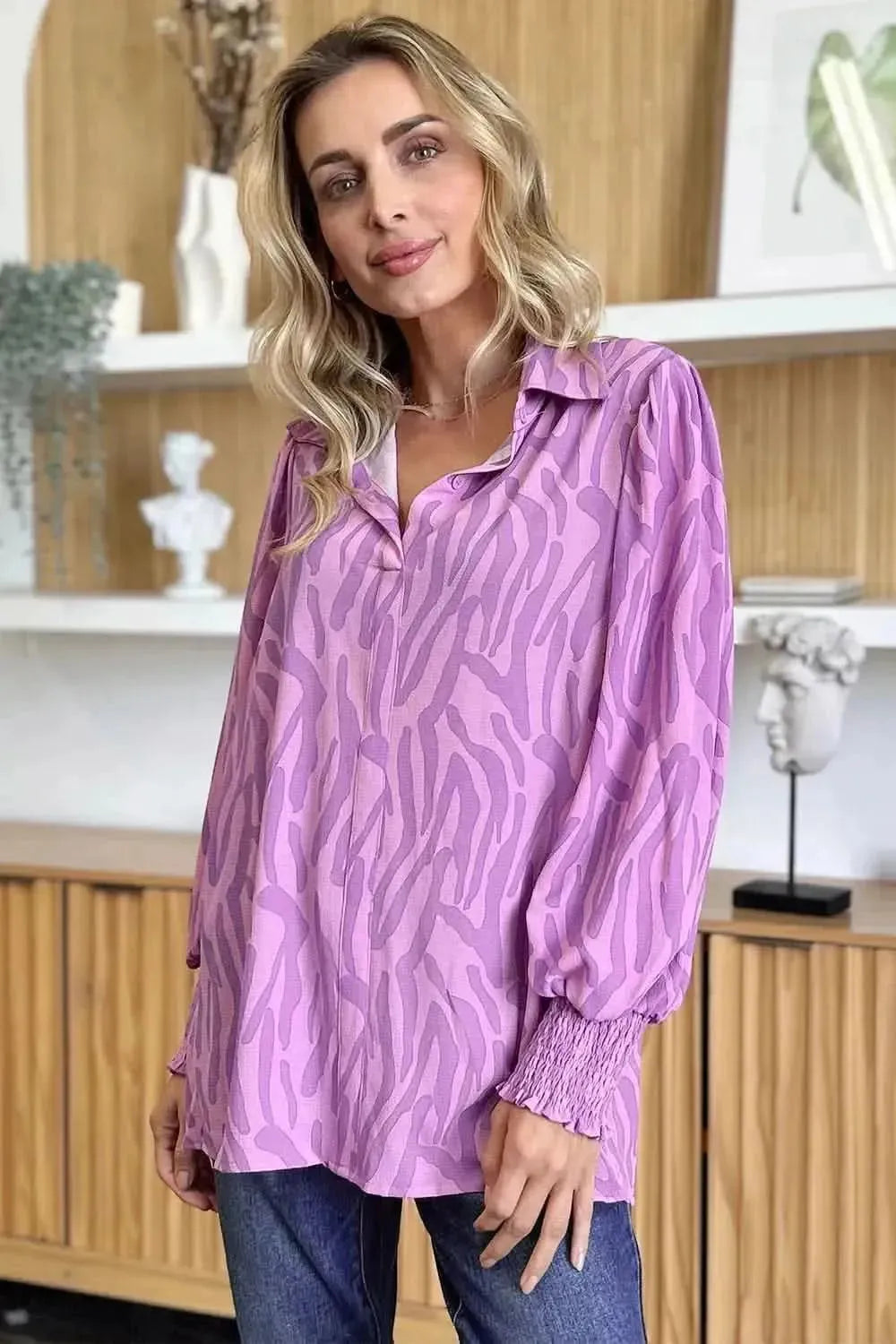 Double Take Full Size Printed Smocked Long Sleeve Blouse - Bad Moms Club
