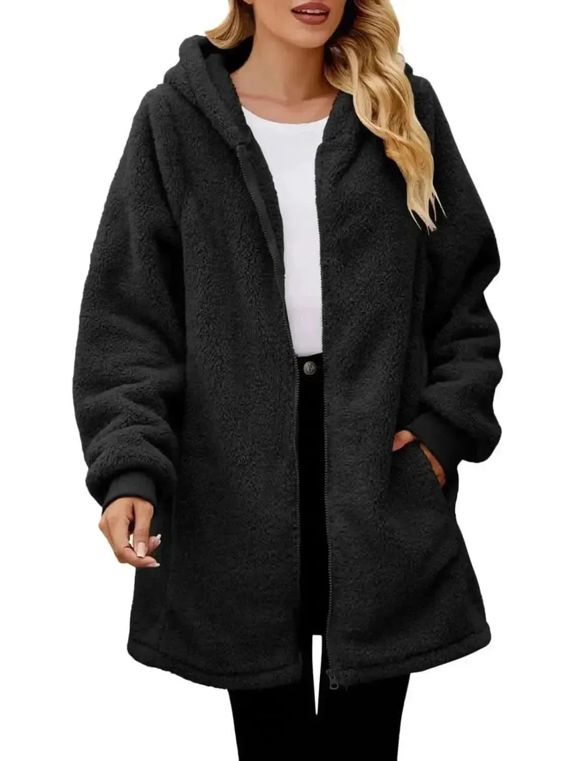 Fuzzy Pocketed Zip Up Long Sleeve Hooded Jacket - Bad Moms Club