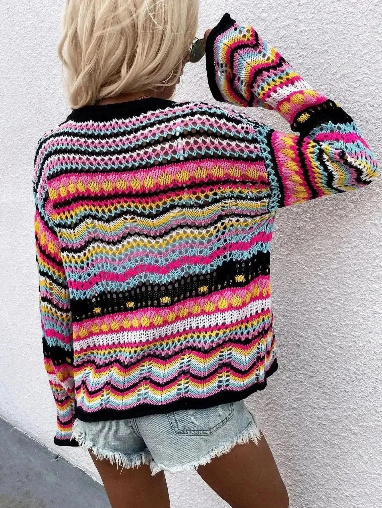 Chevron Stripes Openwork Cardigan - Bad Moms Club