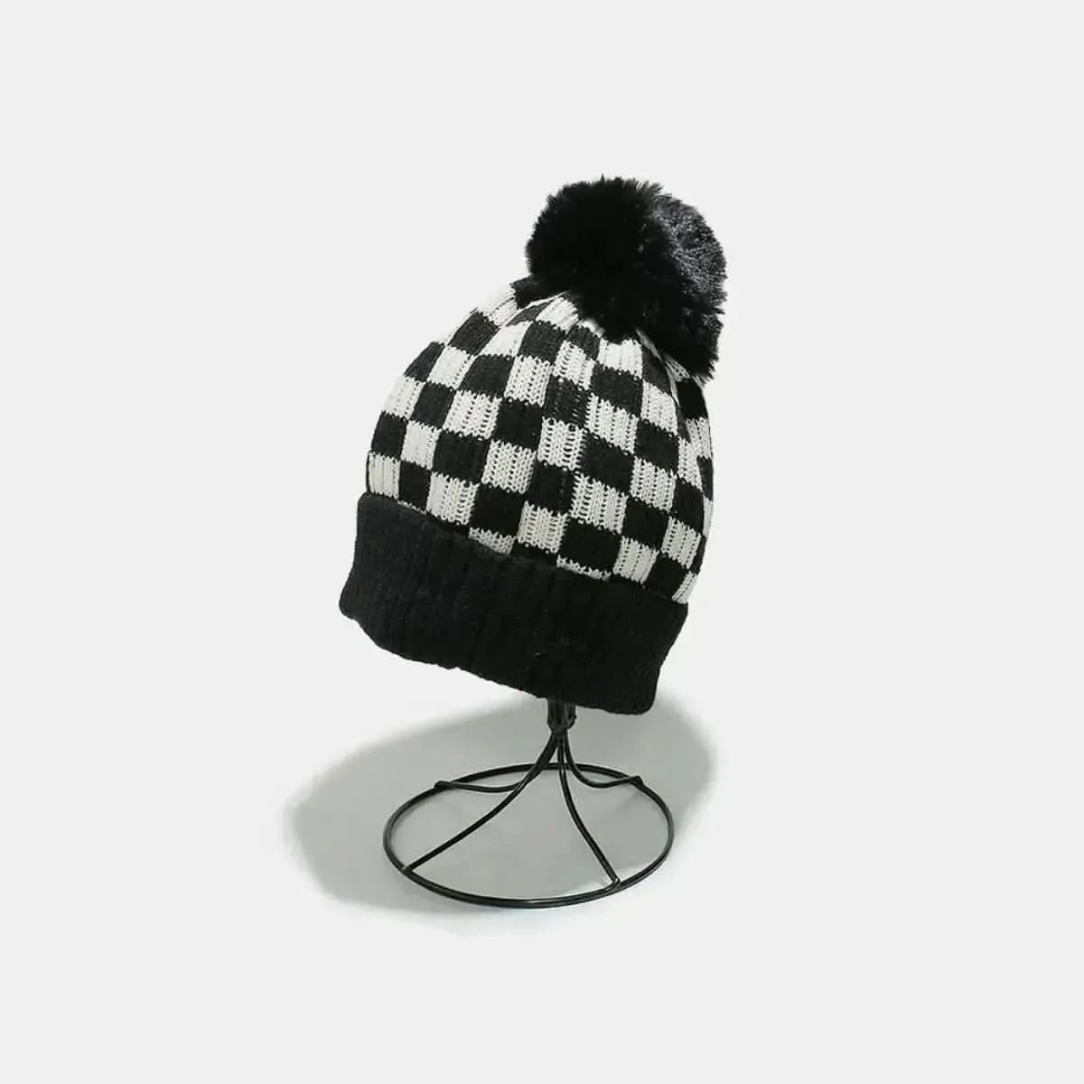 Checkered Knit Hat with Pompom - Bad Moms Club
