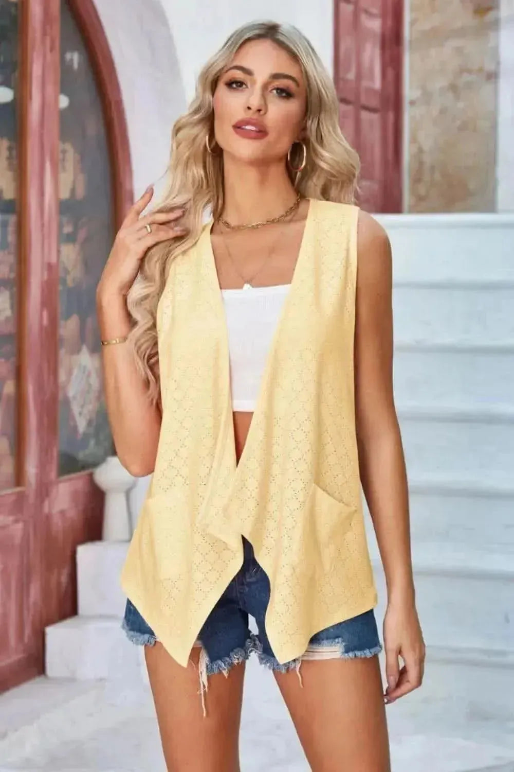 Eyelet Open Front Sleeveless Cardigan - Bad Moms Club