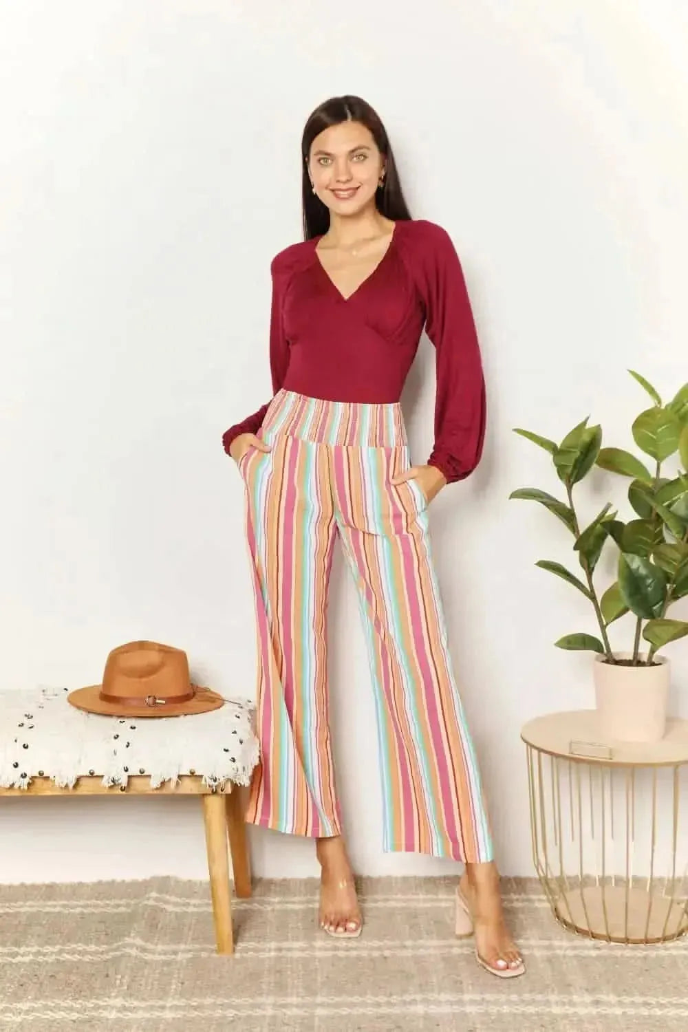 Double Take Striped Smocked Waist Pants with Pockets - Bad Moms Club