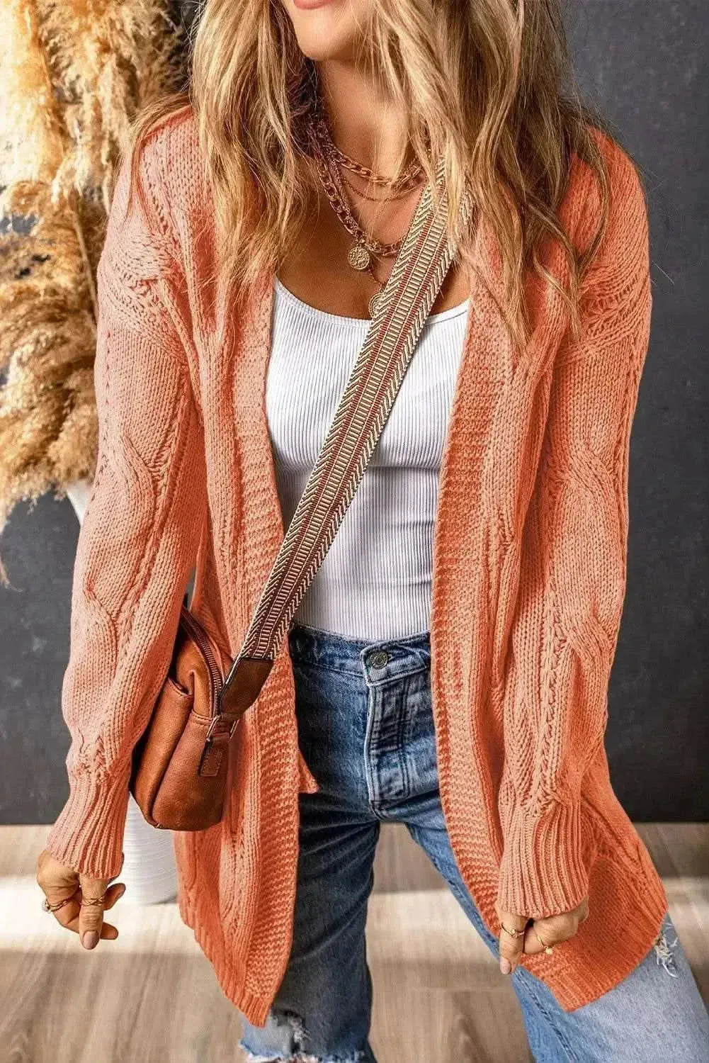 Cable-Knit Dropped Shoulder Slit Cardigan - Bad Moms Club