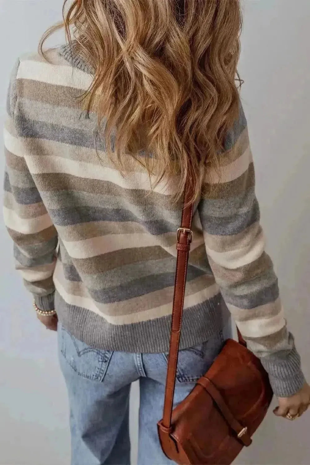 Striped Round Neck Long Sleeve Sweater - Bad Moms Club