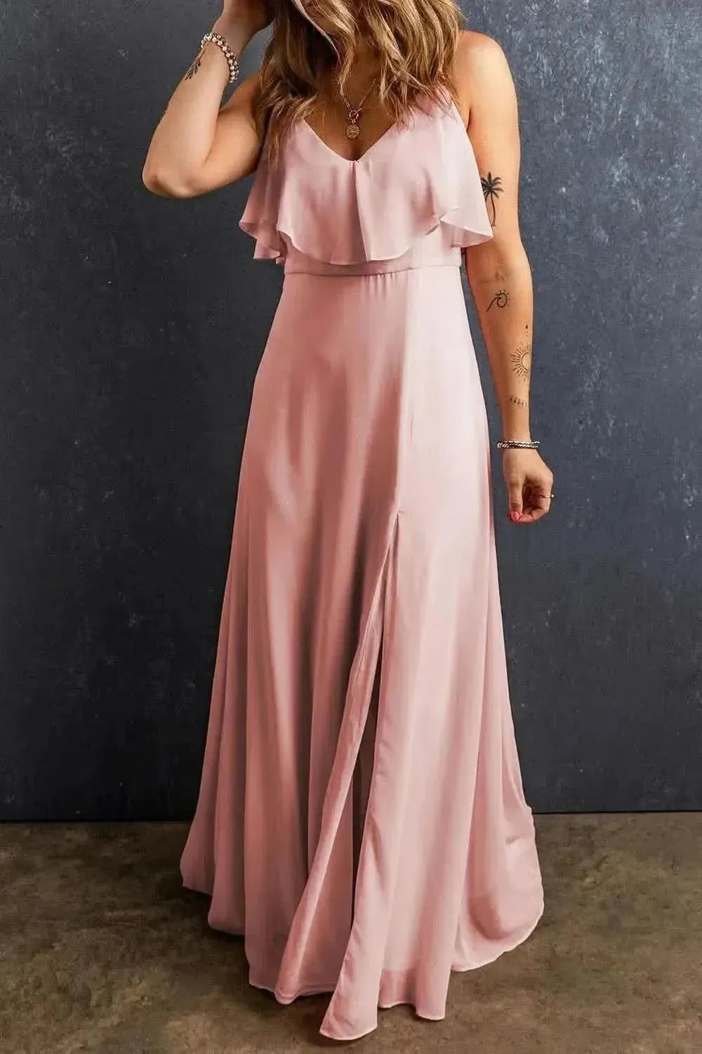 Slit Ruffled V-Neck Maxi Dress - Bad Moms Club