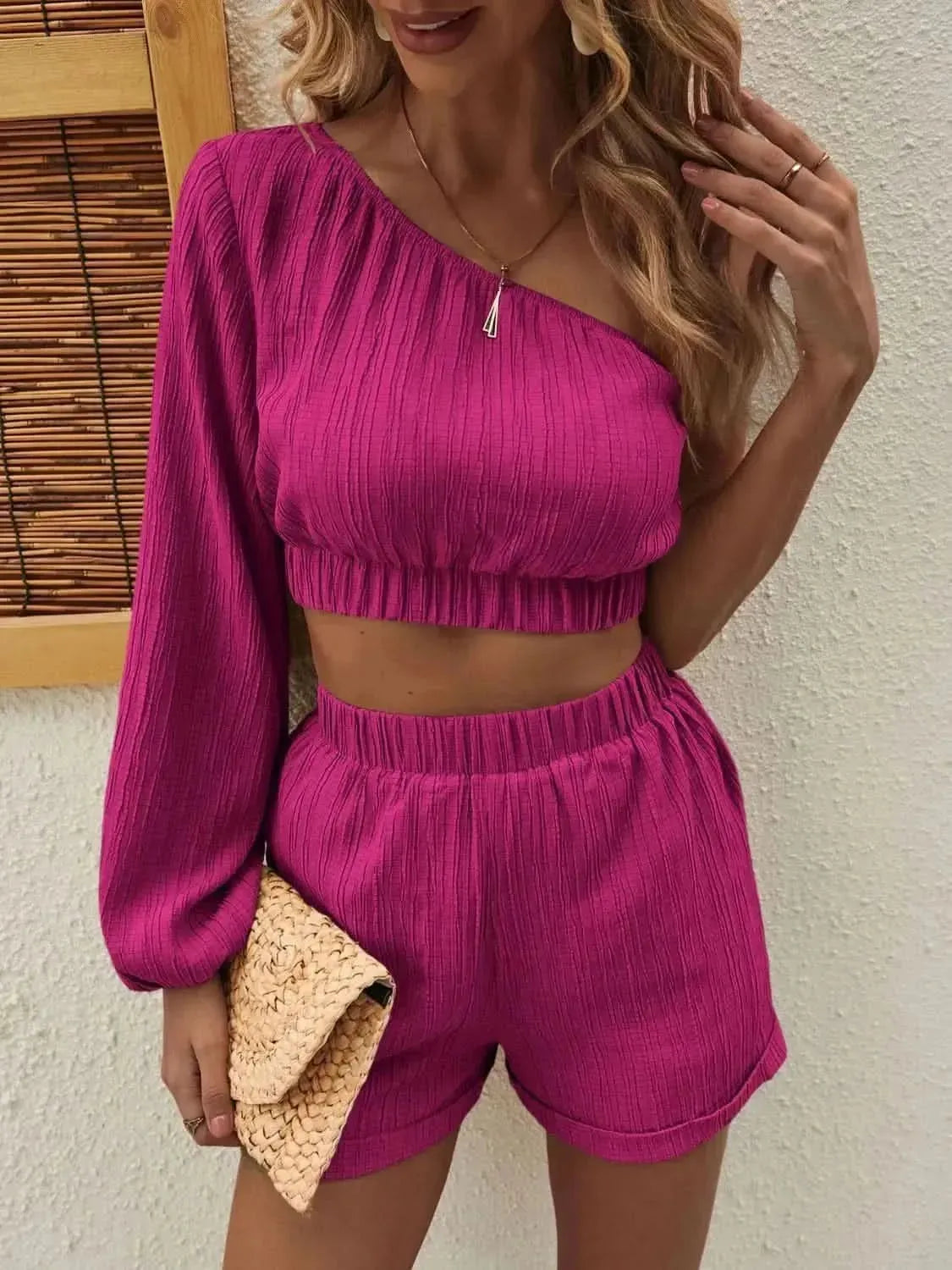 Honey One Shoulder Long Sleeve Top and Shorts Set - Bad Moms Club