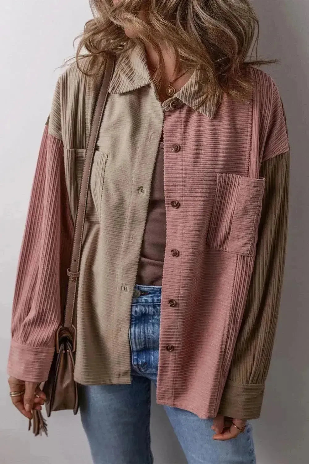 Button Up Color Block Long Sleeve Shacket - Bad Moms Club