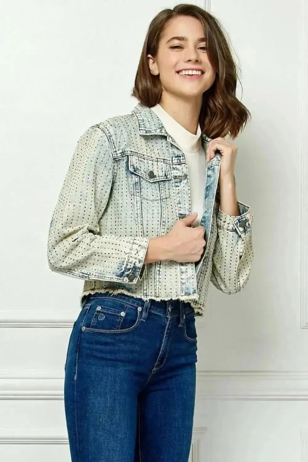 Veveret Multi Color Stripe Rhinestone Raw Hem Denim Jacket - Bad Moms Club