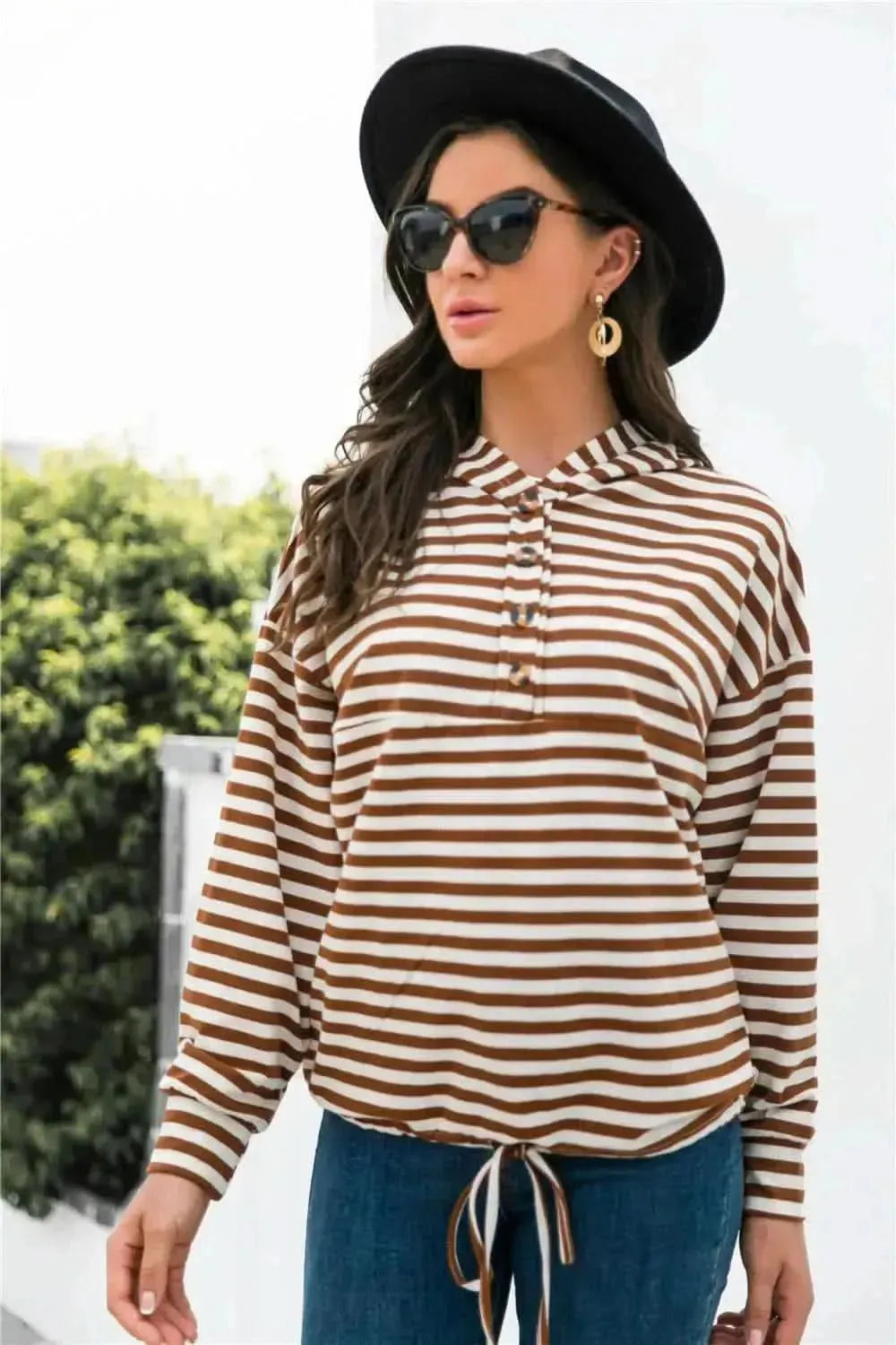 Striped Half-Button Dropped Shoulder Hoodie - Bad Moms Club