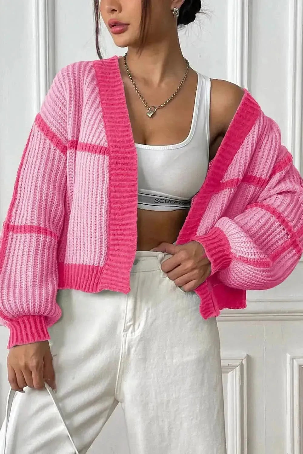 Contrast Open Front Long Sleeve Cardigan - Bad Moms Club