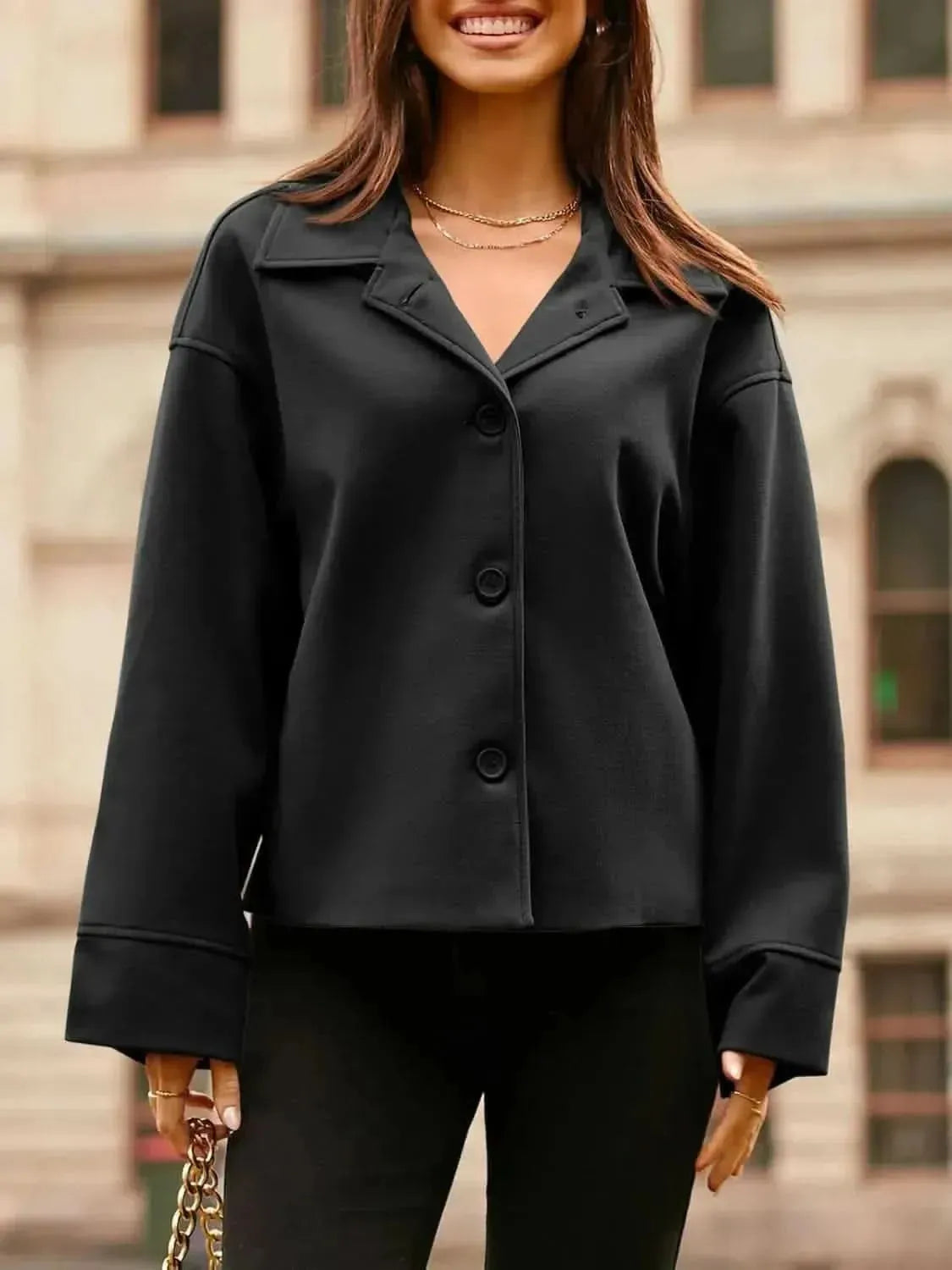 Collared Neck Dropped Shoulder Jacket - Bad Moms Club