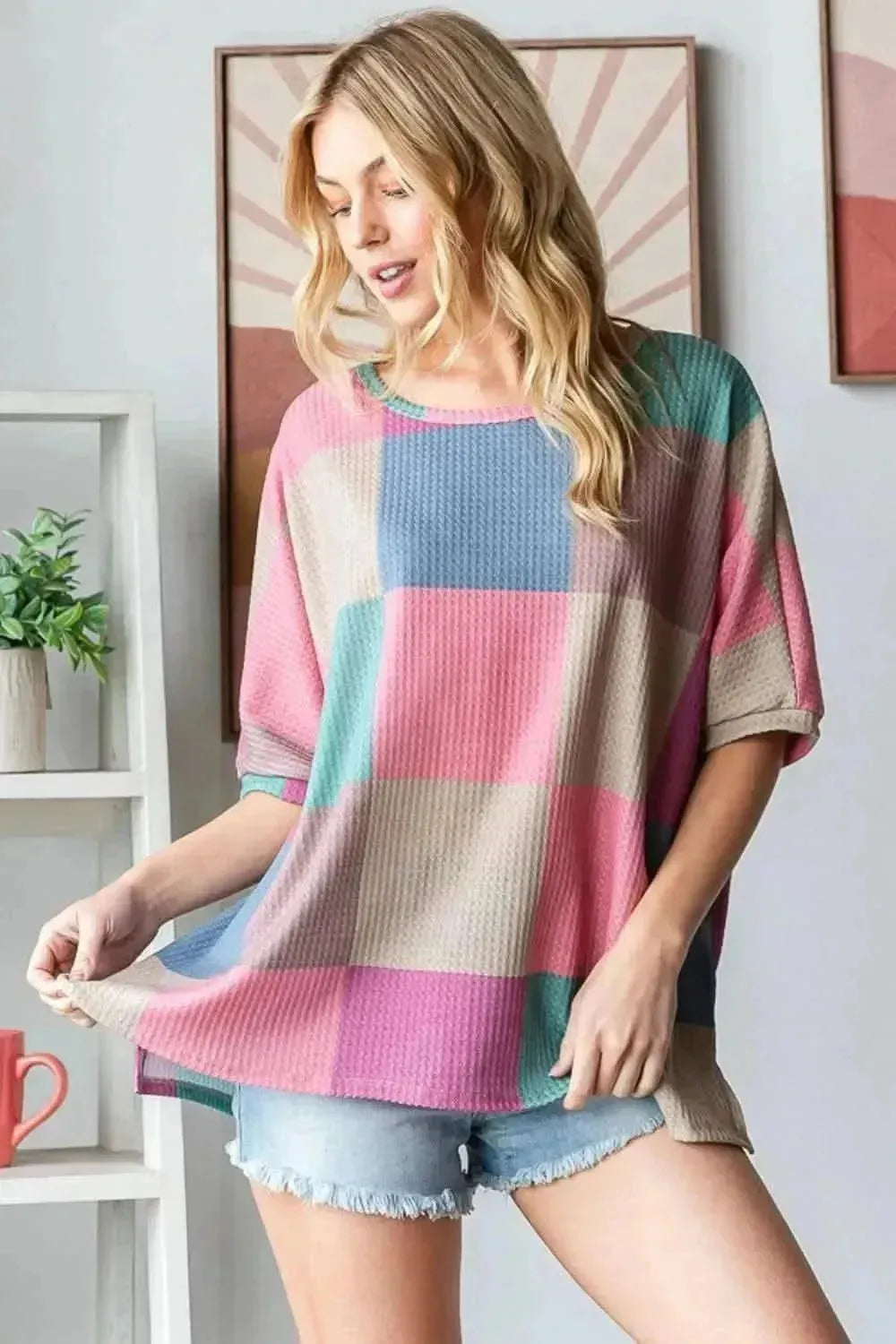 HOPELY Full Size Checkered Round Neck Side Slit T-Shirt - Bad Moms Club