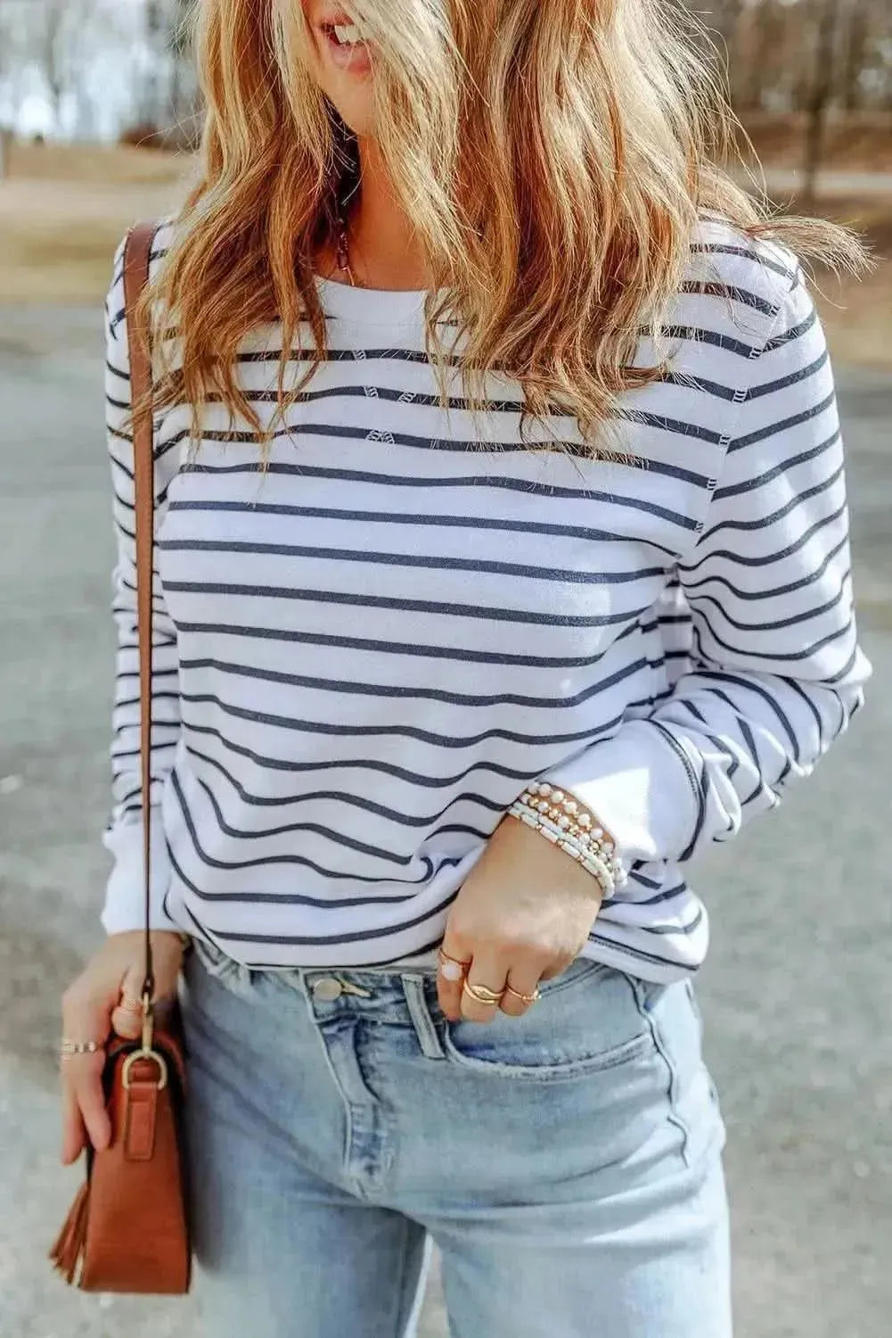 Striped Long Sleeve Round Neck Top - Bad Moms Club