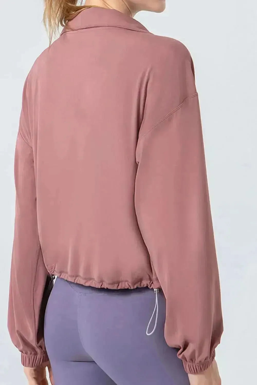 Drawstring Zip Up Dropped Shoulder Active Outerwear - Bad Moms Club