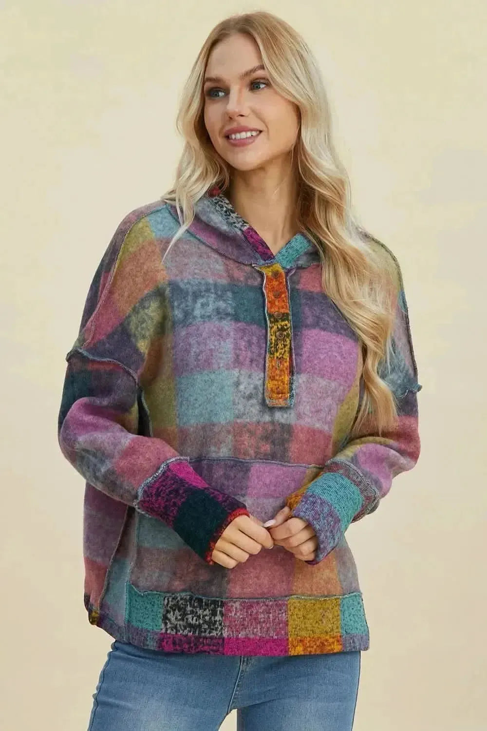 Double Take Full Size Plaid Dropped Shoulder Fleece Hoodie - Bad Moms Club