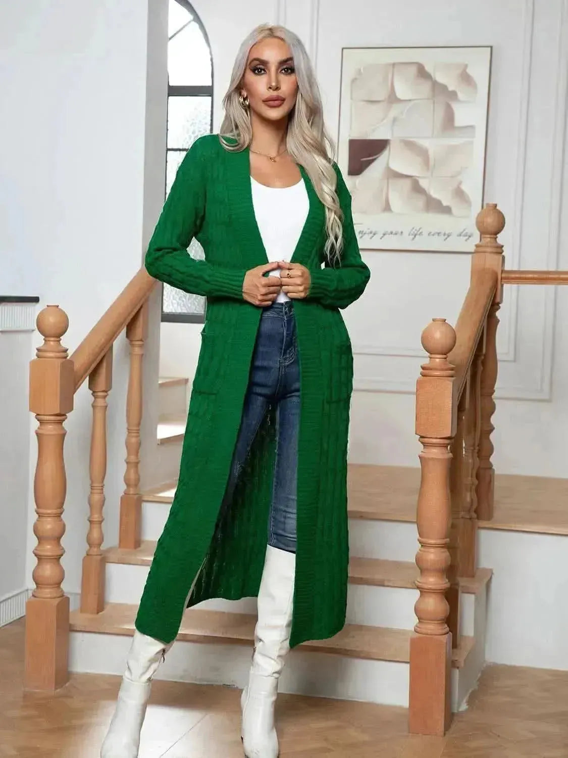 Cable-Knit Open Front Cardigan with Pockets - Bad Moms Club