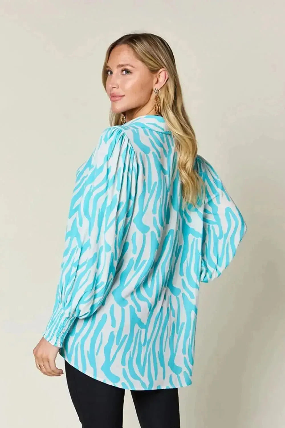 Double Take Full Size Printed Smocked Long Sleeve Blouse - Bad Moms Club