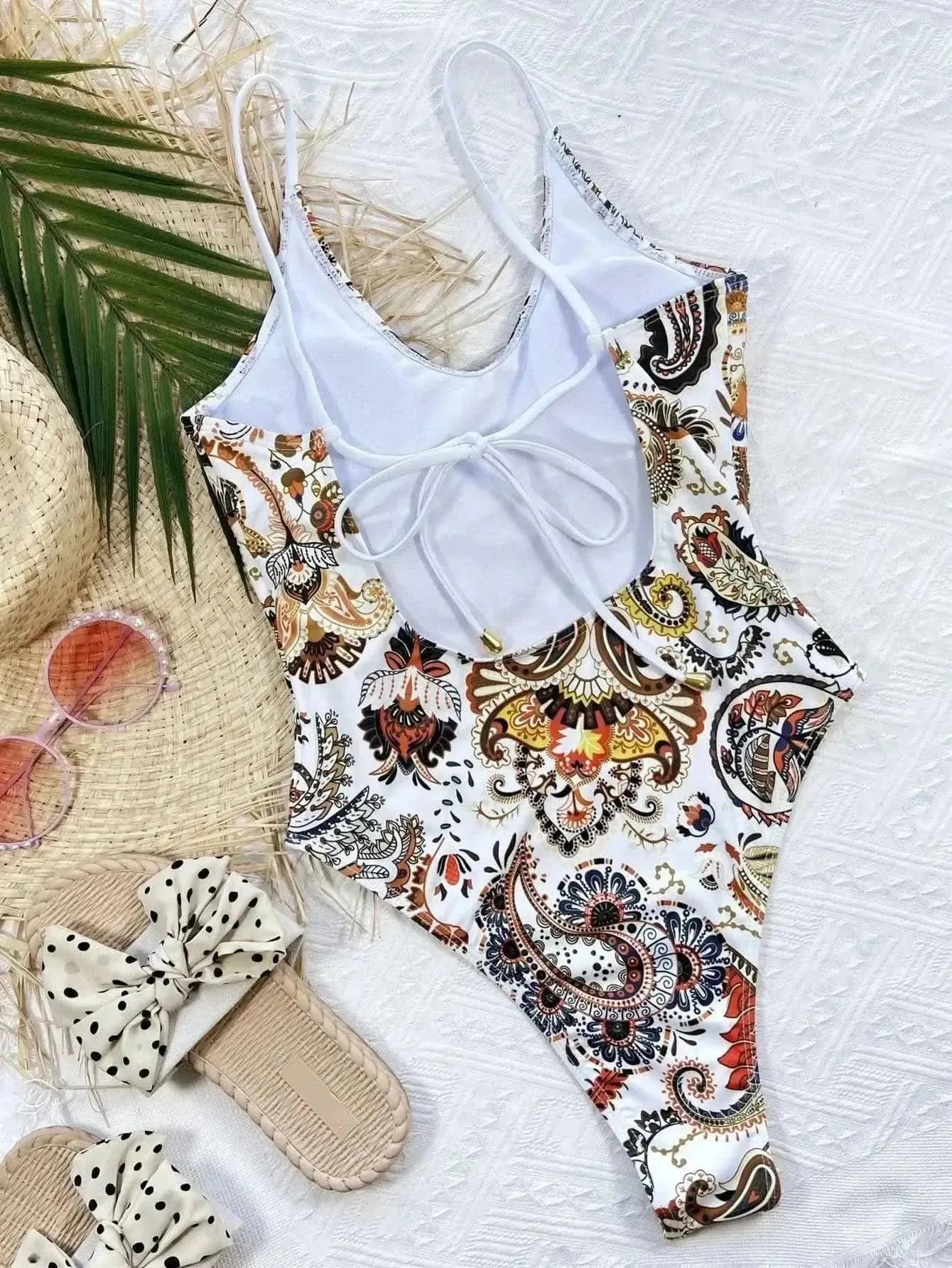 Printed Tie Back Scoop Neck One-Piece Swimsuit - Bad Moms Club