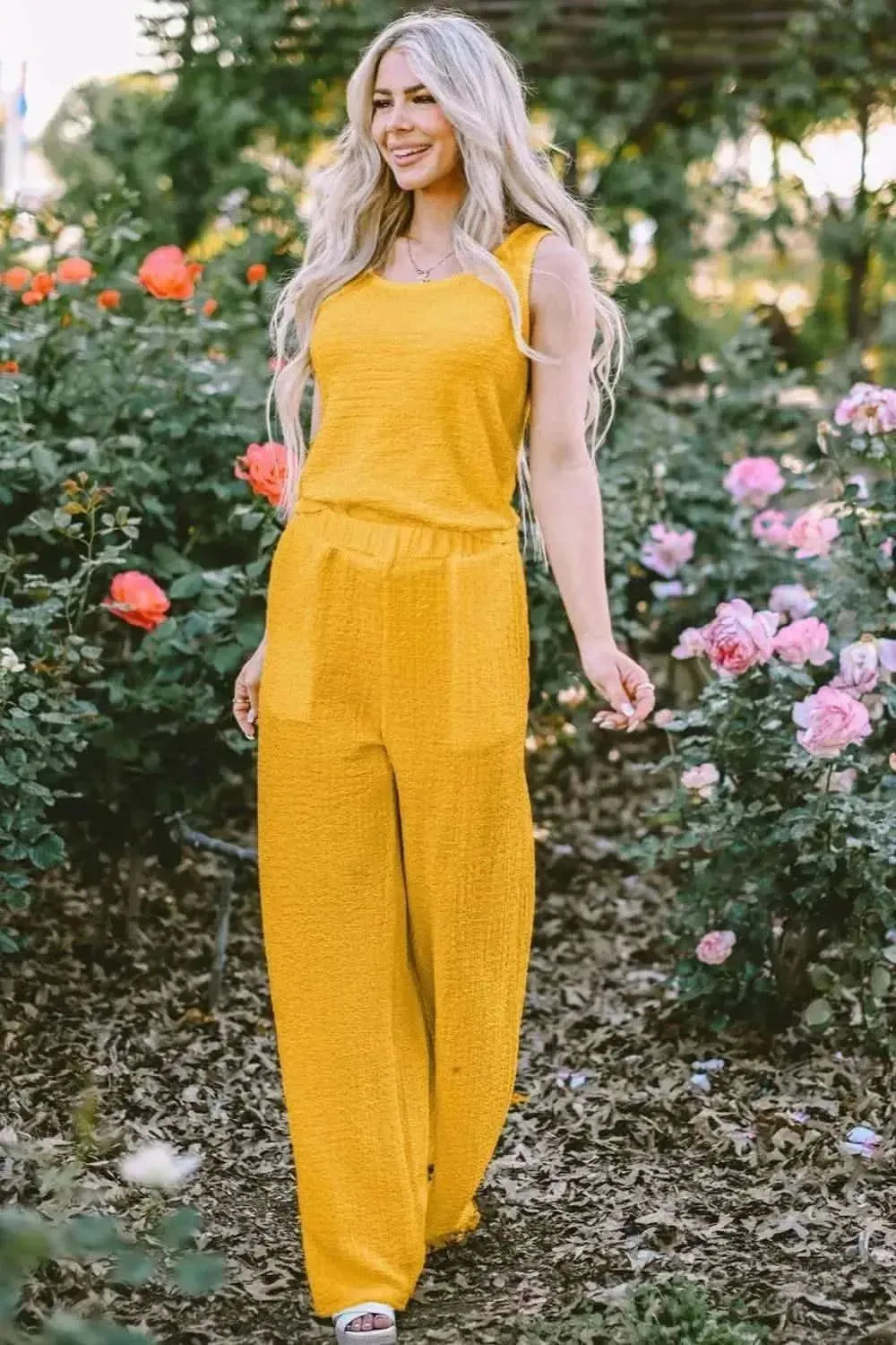 Textured Round Neck Top and Wide Leg Pants Set - Bad Moms Club