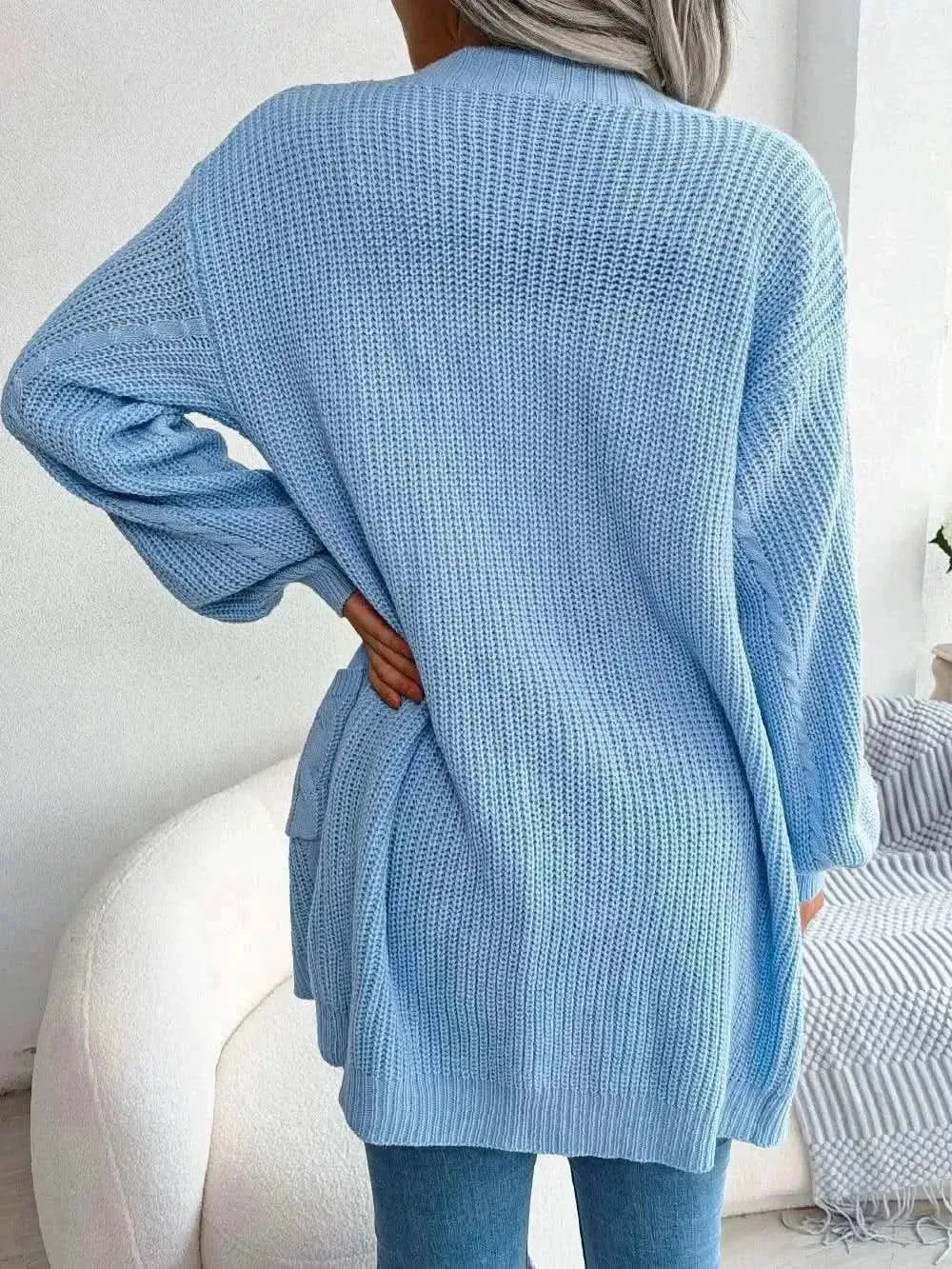 Cable-Knit Open Front Pocketed Cardigan - Bad Moms Club