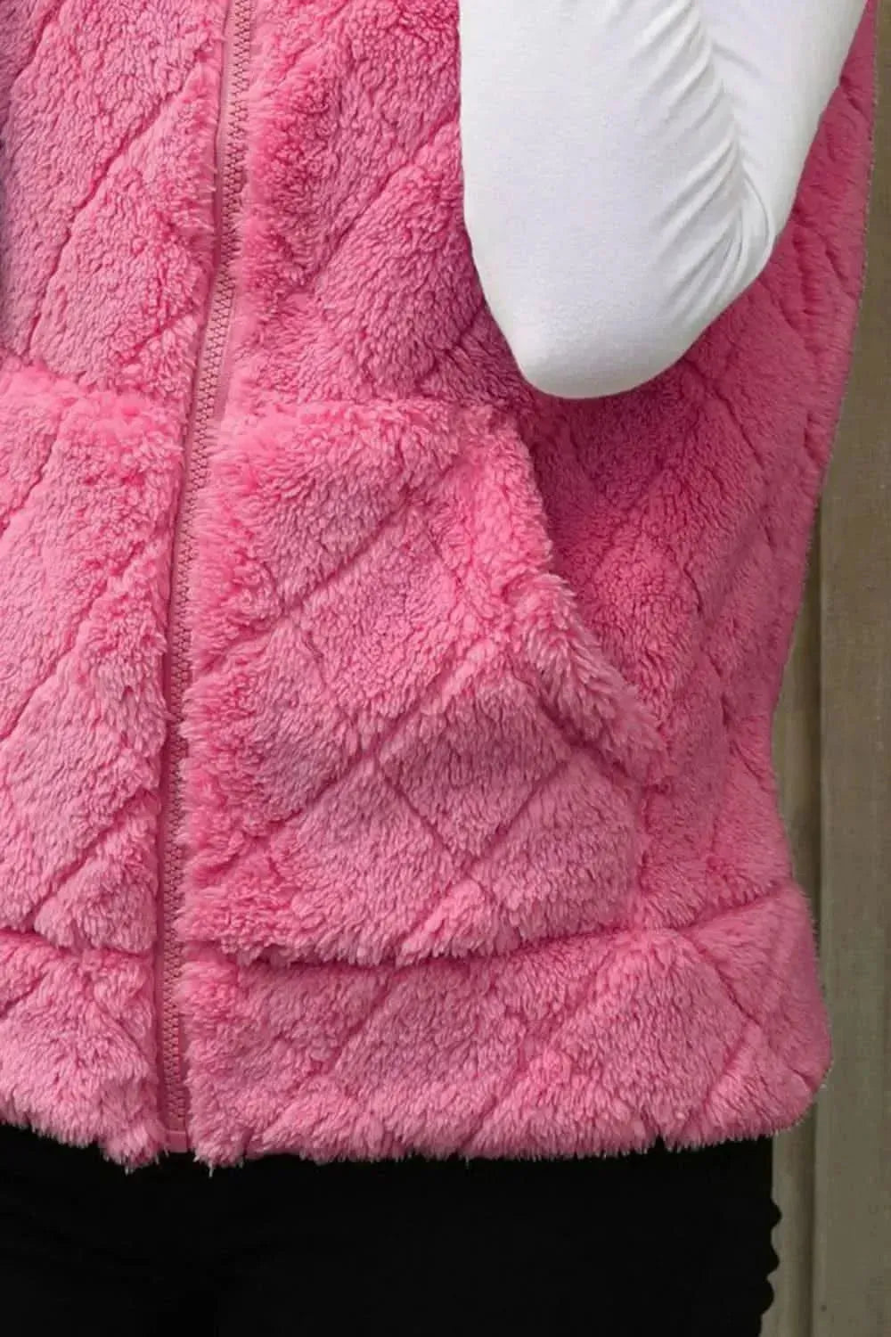 Fuzzy Plaid Texture Zip Up Vest Coat - Bad Moms Club
