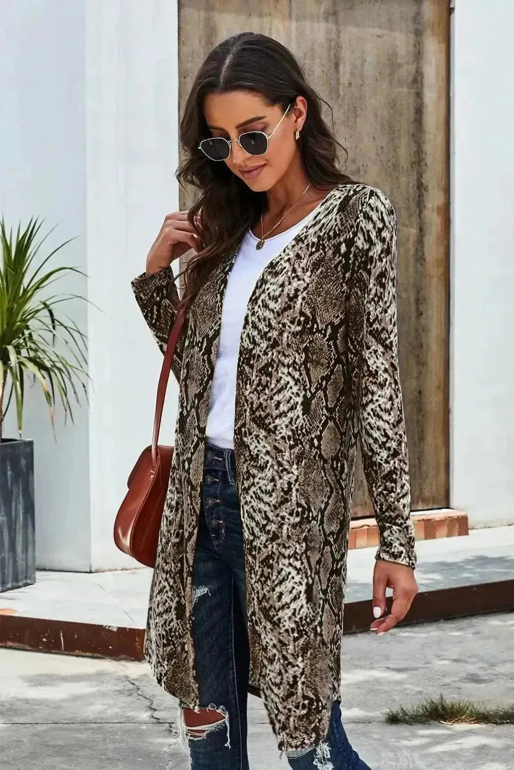 Double Take Printed Open Front Longline Cardigan - Bad Moms Club