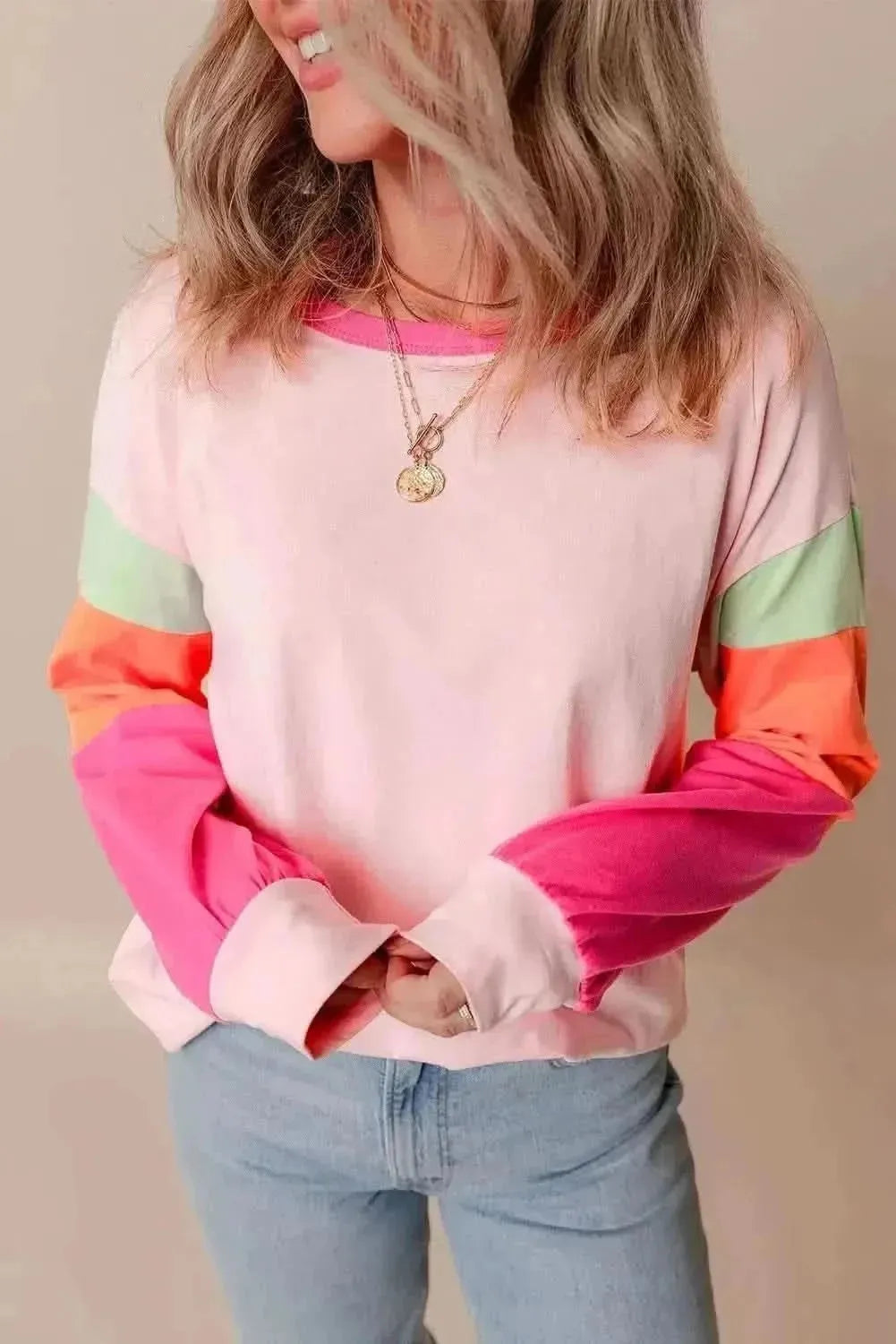 Color Block Round Neck Long Sleeve Top - Bad Moms Club