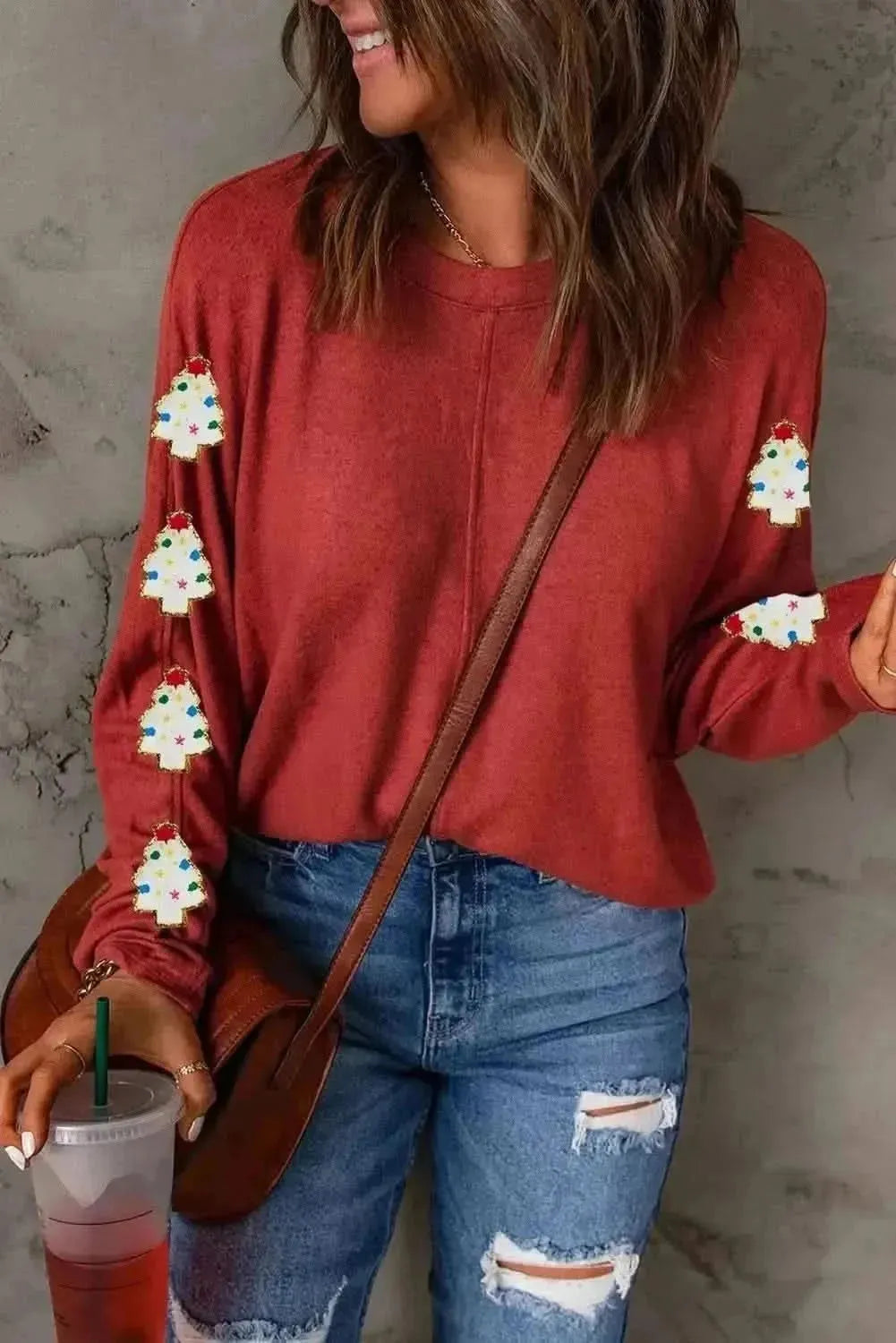 Christmas Tree Round Neck Long Sleeve Top - Bad Moms Club