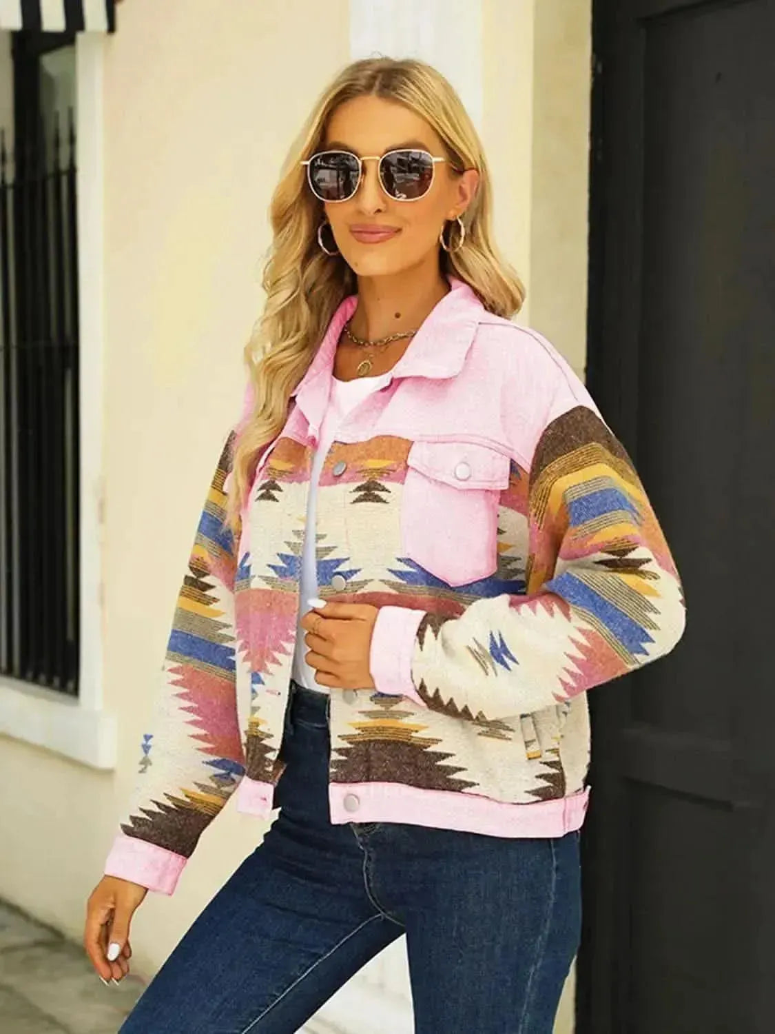 Printed Dropped Shoulder Long Sleeve Denim Jacket - Bad Moms Club