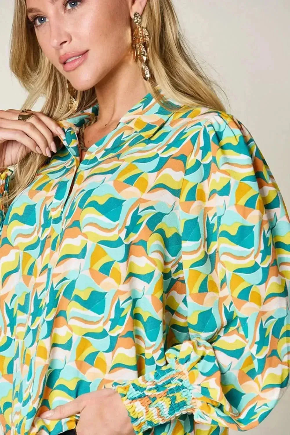 Double Take Full Size Printed Smocked Long Sleeve Blouse - Bad Moms Club