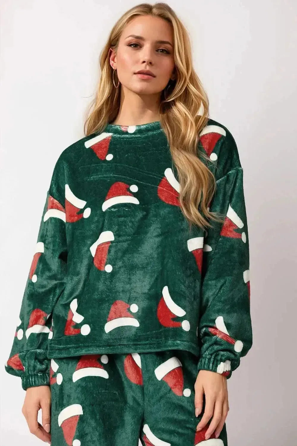 Christmas Hat Pattern Round Neck Long Sleeve Top and Pants Set - Bad Moms Club